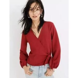 Madewell Texture & Thread Long Sleeve Tie Front Wrap Top Dark Red Womens Small